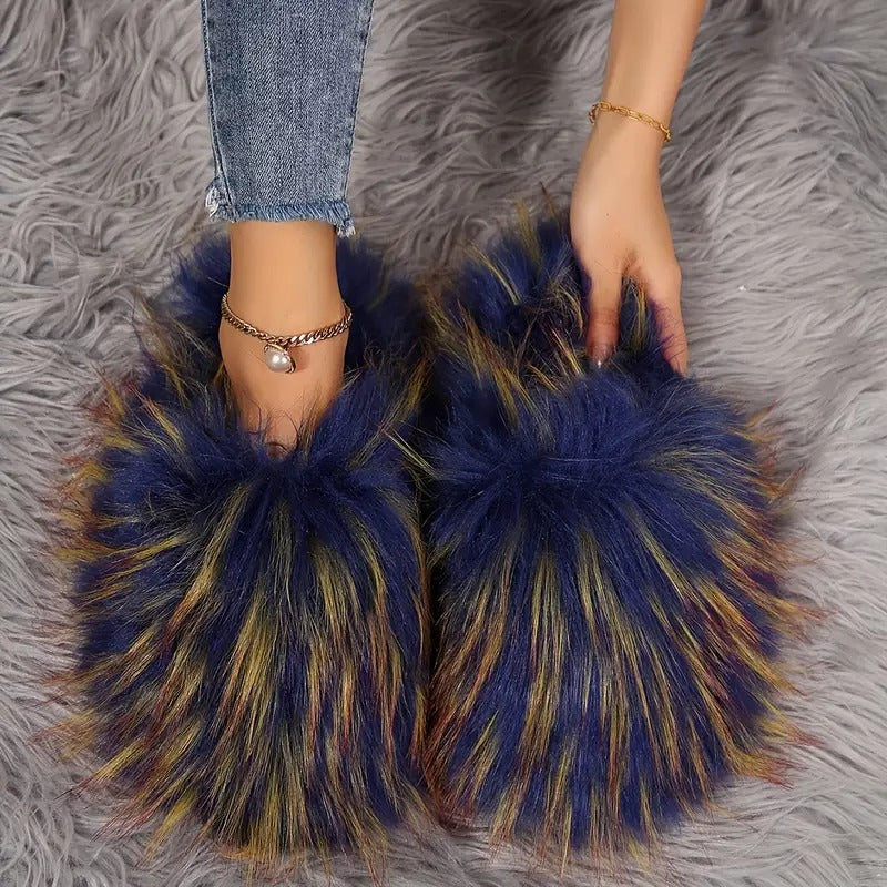 Elegant Fluffy Women'S Slippers | All-Season Solid Color | Cozy Fairy Style Indoor/Outdoor Slides with Non-Slip Rubber Sole | Comfortable Fabric Lining | Warm Faux Fur Korean Version Flat Heeled Slippers