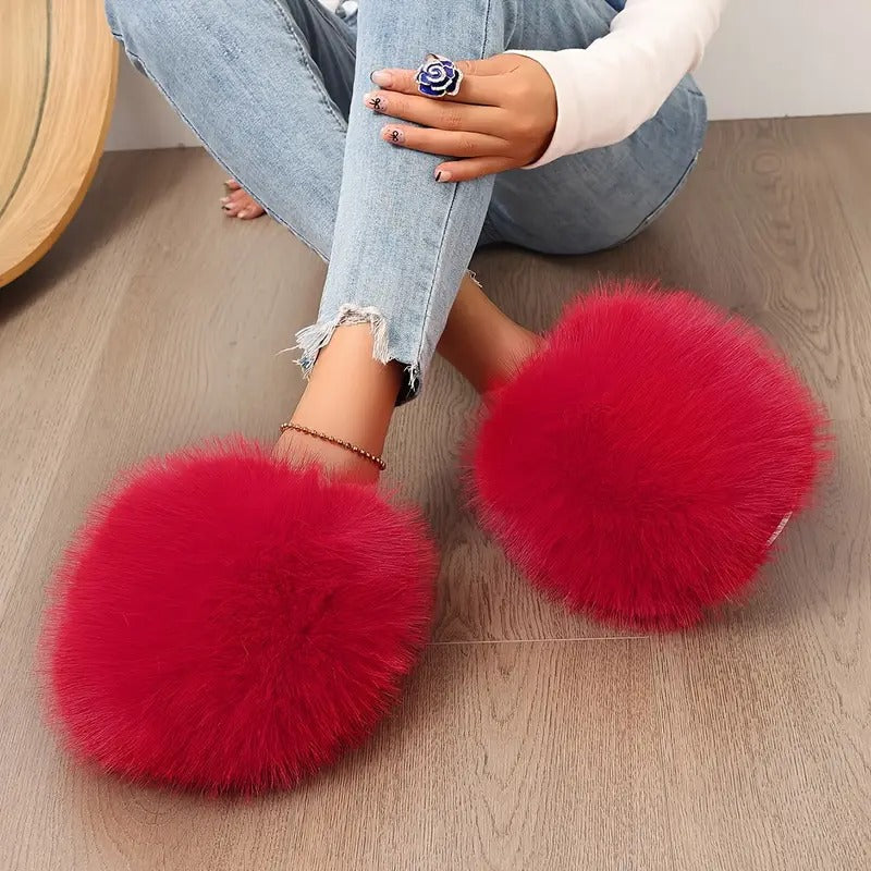 Elegant Fluffy Women'S Slippers | All-Season Solid Color | Cozy Fairy Style Indoor/Outdoor Slides with Non-Slip Rubber Sole | Comfortable Fabric Lining | Warm Faux Fur Korean Version Flat Heeled Slippers