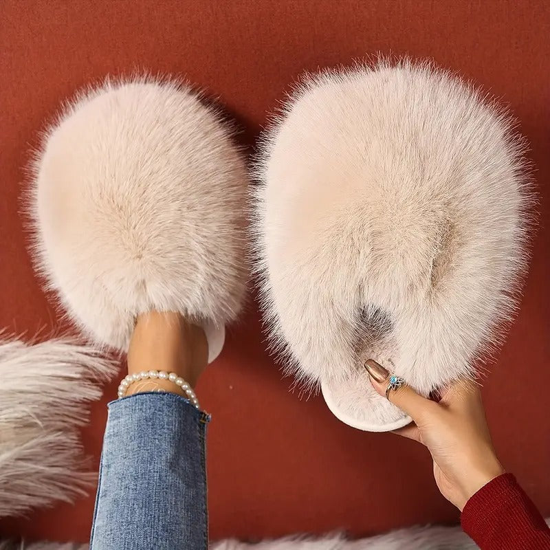 Elegant Fluffy Women'S Slippers | All-Season Solid Color | Cozy Fairy Style Indoor/Outdoor Slides with Non-Slip Rubber Sole | Comfortable Fabric Lining | Warm Faux Fur Korean Version Flat Heeled Slippers