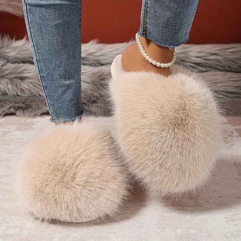 Elegant Fluffy Women'S Slippers | All-Season Solid Color | Cozy Fairy Style Indoor/Outdoor Slides with Non-Slip Rubber Sole | Comfortable Fabric Lining | Warm Faux Fur Korean Version Flat Heeled Slippers