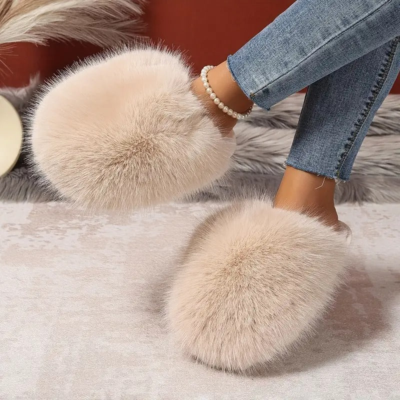 Elegant Fluffy Women'S Slippers | All-Season Solid Color | Cozy Fairy Style Indoor/Outdoor Slides with Non-Slip Rubber Sole | Comfortable Fabric Lining | Warm Faux Fur Korean Version Flat Heeled Slippers